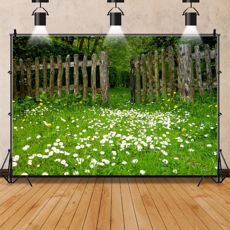 AOFOTO 8x6ft Spring Garden Daisy Flower Backdrop Rustic Wood Fence Summer Meadow Photography Background Forest Wonderland Grass Florets Country Hiking Suburbs Picnic Girl Boy Scouts Photo Studio Props - Image 3